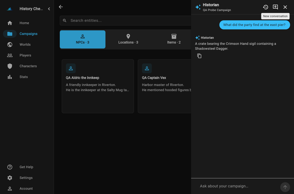 History Check app: the AI Historian answering a campaign question alongside auto-extracted NPCs, locations and items